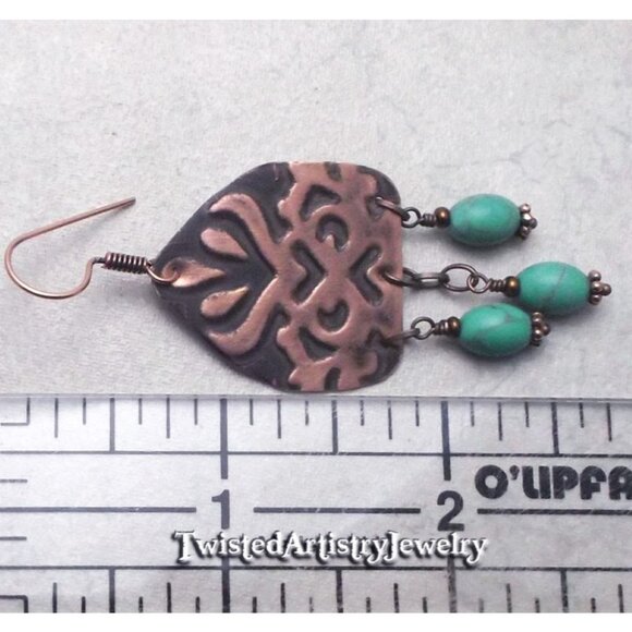 Turquoise and Embossed Copper Arched Chandelier Earrings - Picture 3 of 3
